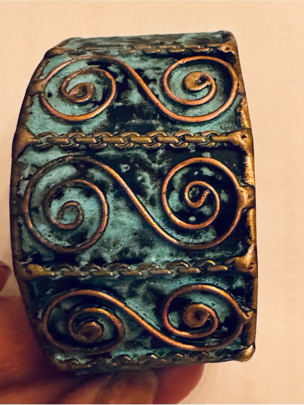 Patina Copper Swirl Decorative Bangle - Blue-Green Accent